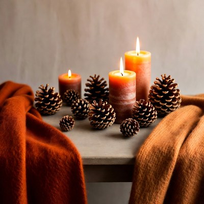 Candles and pinecones on table