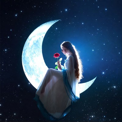 Girl on crescent moon with rose