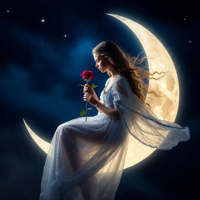 Girl sitting on moon holding rose