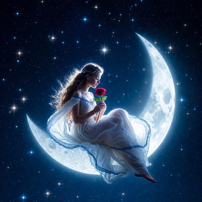 Woman sitting on a moon