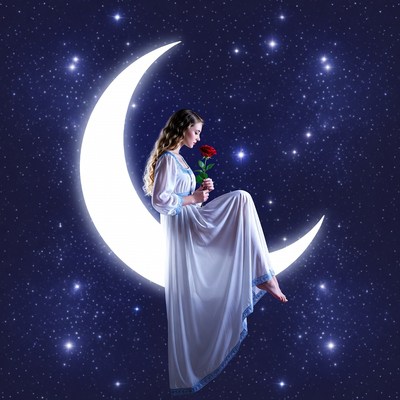 Woman on crescent moon at night