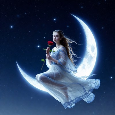 Woman sitting on moon with rose