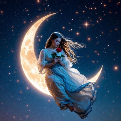 Woman holding rose by moonlight