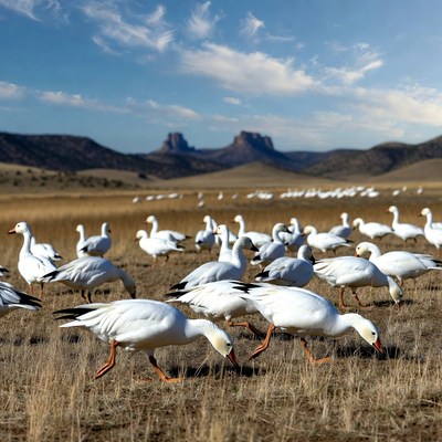 Snow geese foraging in open field