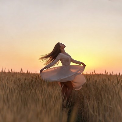 Woman dancing in golden field at sunset