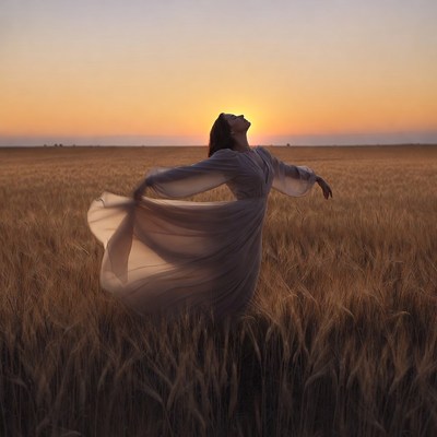 Woman dances in wheat field at sunset
