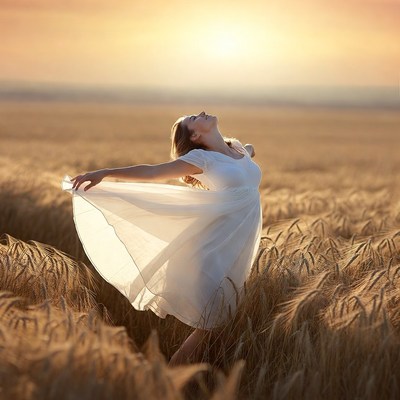 Woman in a field at sunset