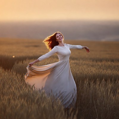 Girl dancing in golden field at sunset