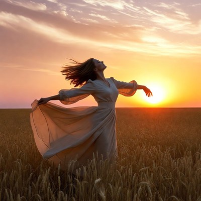 Woman in field at sunset
