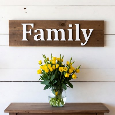 Family sign with yellow flowers on table