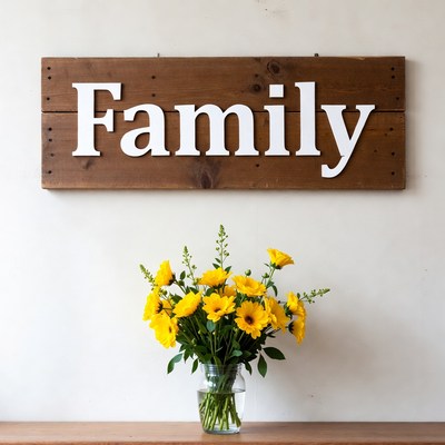 Family sign with flowers on table