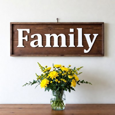 Family sign with yellow flowers display