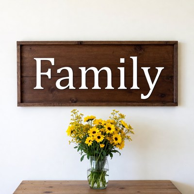 Family sign with flowers on table