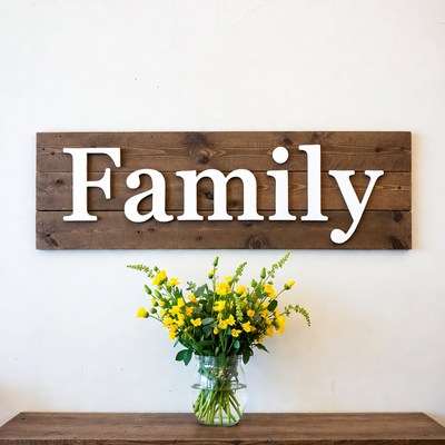 Family sign with flowers on table