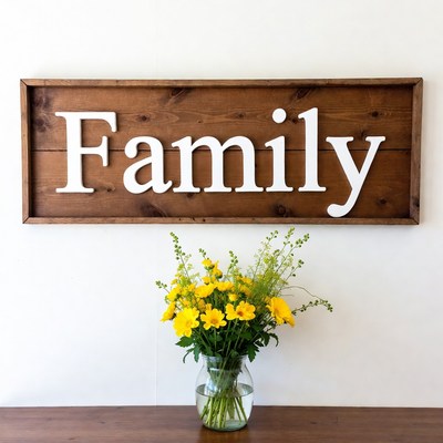 Family sign with flowers on table