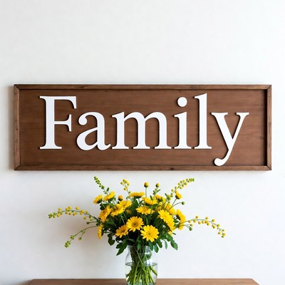 Wooden sign with family word and flowers
