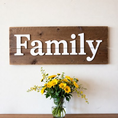 Family sign and flowers decor display