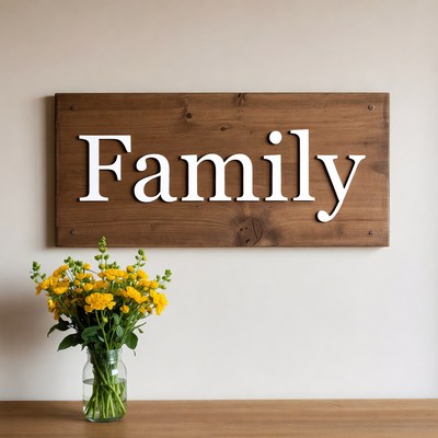 Wood sign with family arrangement and flowers
