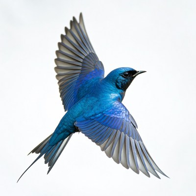 Blue bird in flight over gray sky