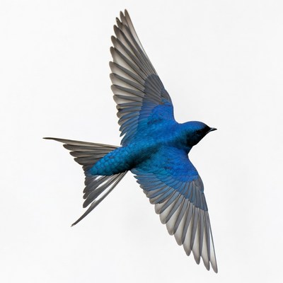 Bright blue bird in flight over sky