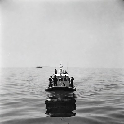Boat carrying crew on calm waters near shore