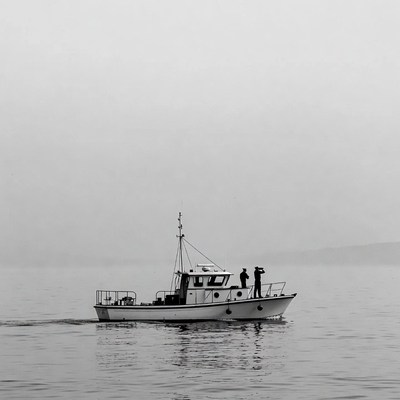 Fishing boat cruising in fog