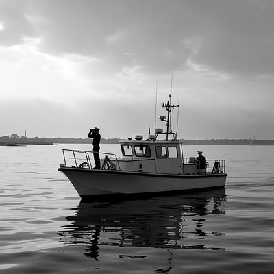 Boat on calm water with crew