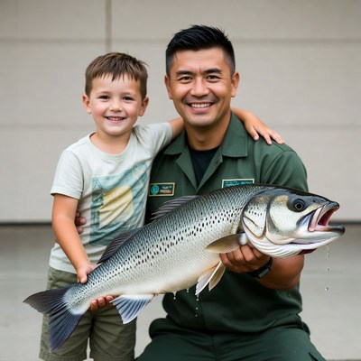Child and adult hold large fish together