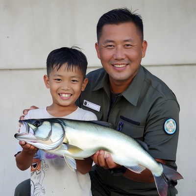 Father and son catch fish together