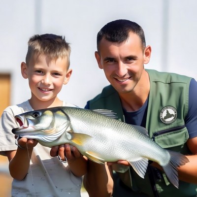 Child and adult hold large fish together