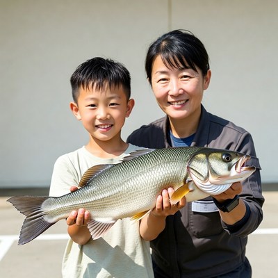 Boy and woman holding big fish together