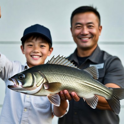 Father and son catch large fish together