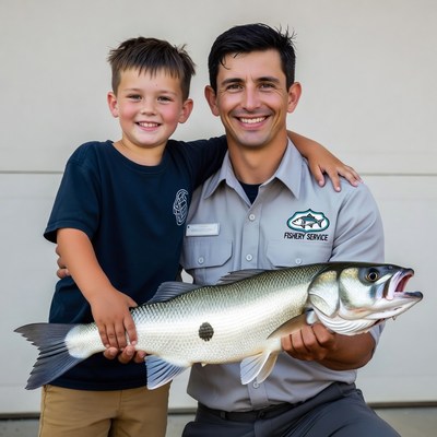 Child holds fish with expert