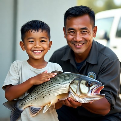 Boy and man hold big fish together
