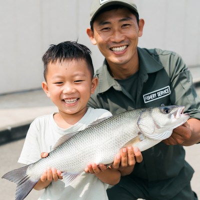 Child and adult hold large fish
