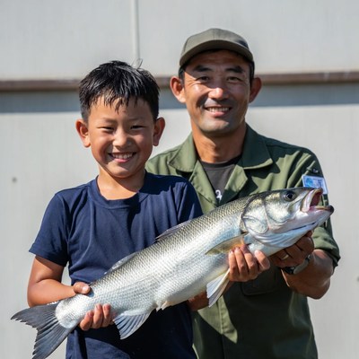 Boy catches big fish with friend