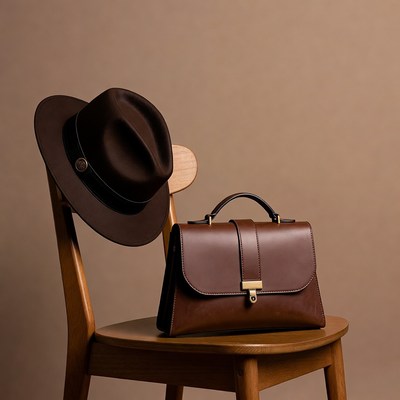 Hat and bag on wooden chair