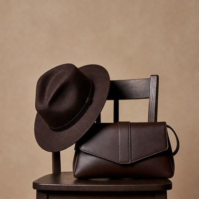 Brown hat and bag on a chair