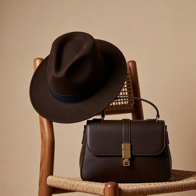 Brown bag and hat on chair