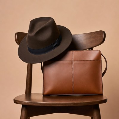 Brown hat and leather bag on chair