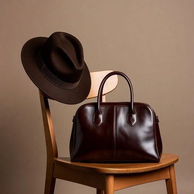 Brown handbag and hat on a chair
