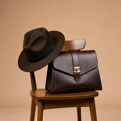 Hat and bag on a wooden chair