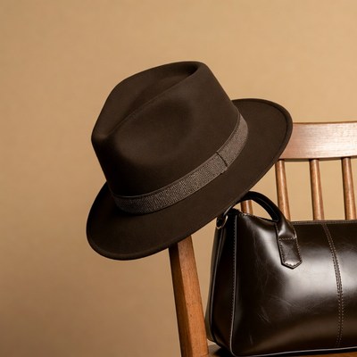 Hat and bag on wooden chair