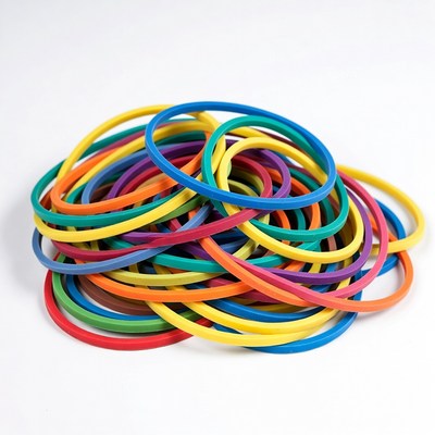 Colorful rubber bands on a white surface