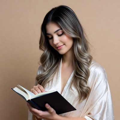 Woman reading book indoors with soft lighting