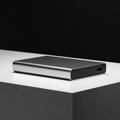 Silver external drive on table