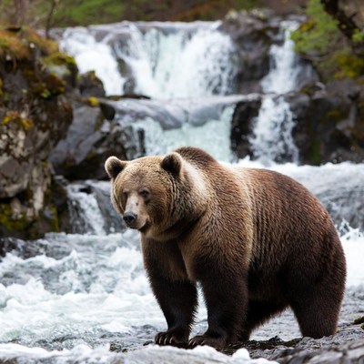 Bear near waterfall in nature