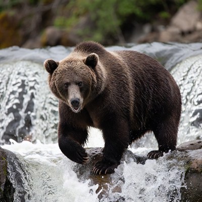 Bear walks on river rock