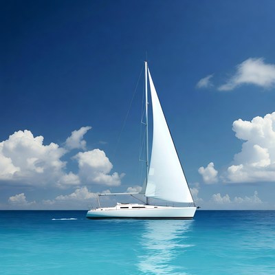 Sailboat on blue ocean with clouds