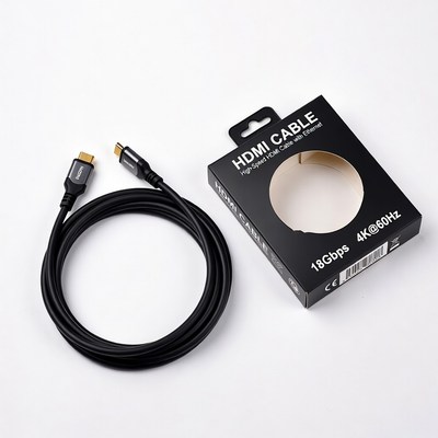 Hdmi cable in packaging on white background